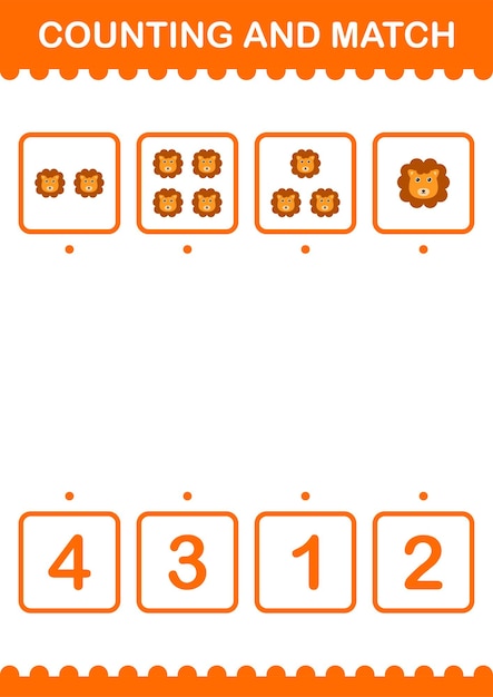 子供のためのライオンの顔のワークシートを数えて一致させる
