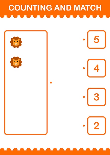 子供のためのライオンの顔のワークシートを数えて一致させる