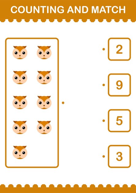 子供のためのフクロウの顔のワークシートを数えて一致させる