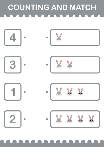 숫자 세기와 짝 맞추기 아이들을 위한 토끼 얼굴 워크시트