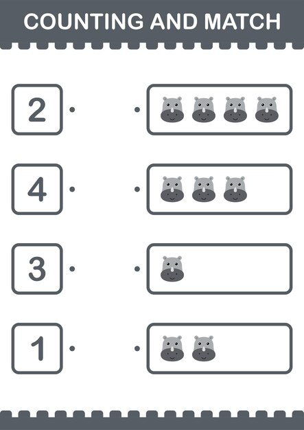 Counting and match rhinoceros face worksheet for kids