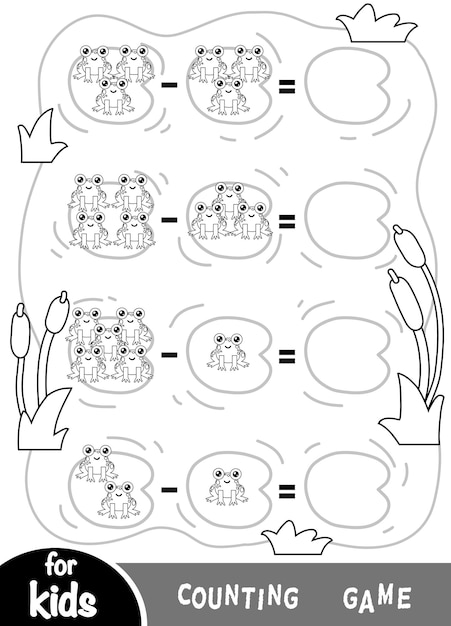 Gioco di matematica per bambini in età prescolare contare le rane e scrivere il risultato sfondo dello stagno