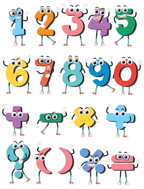 Vector counting number 0 to 9 and math symbols for kids