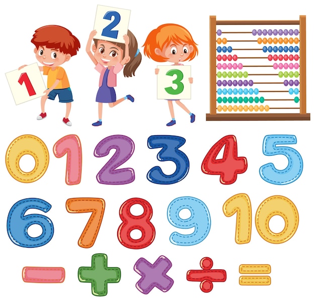Vector counting number 0 to 9 and math symbols