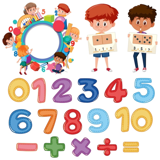 Vector counting number 0 to 9 and math symbols