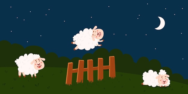 Counting sheep to sleep Sheeps at night jump over fence Sleeping wool animal insomnia treatment Cartoon meadow at bed time sleepy classy vector background