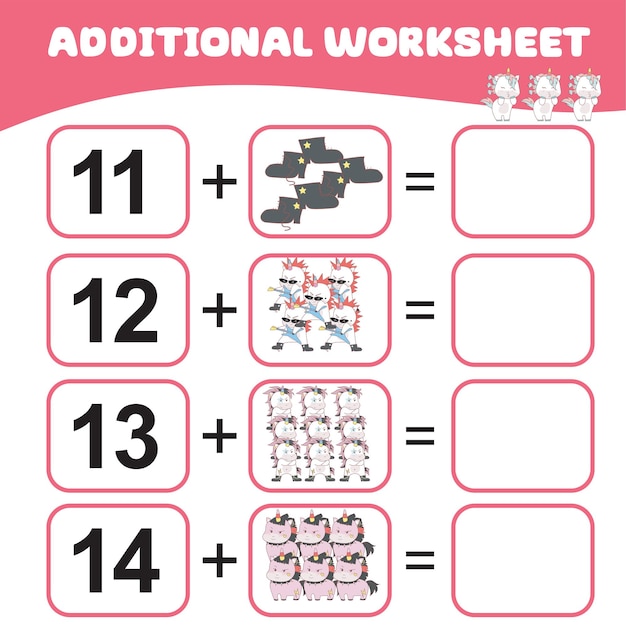어린이를 위한 유니콘 활동 계산 어린이를 위한 수학 워크시트 추가 수학 워크시트