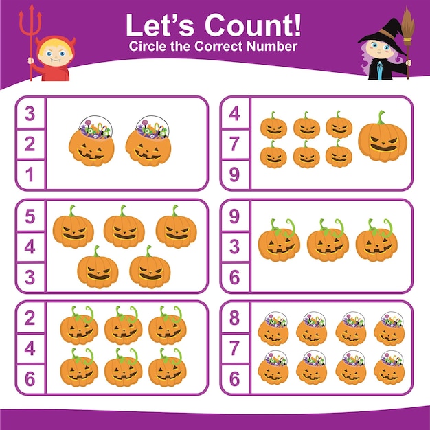 Counting worksheet for preschool. teaching children how to count and match images with number.