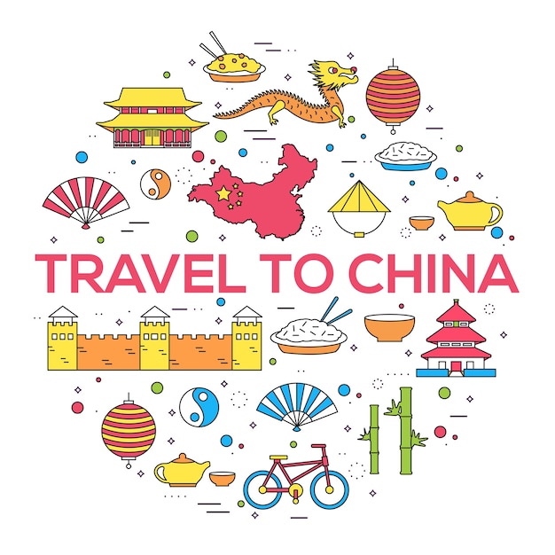 Vector country china travel vacation guide thin lines style.