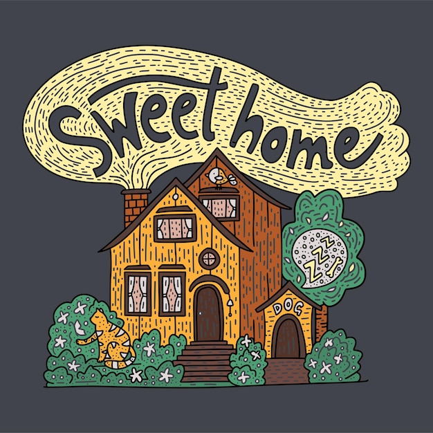 Country doodle detailed cottage with hand drawn lettering sweet home