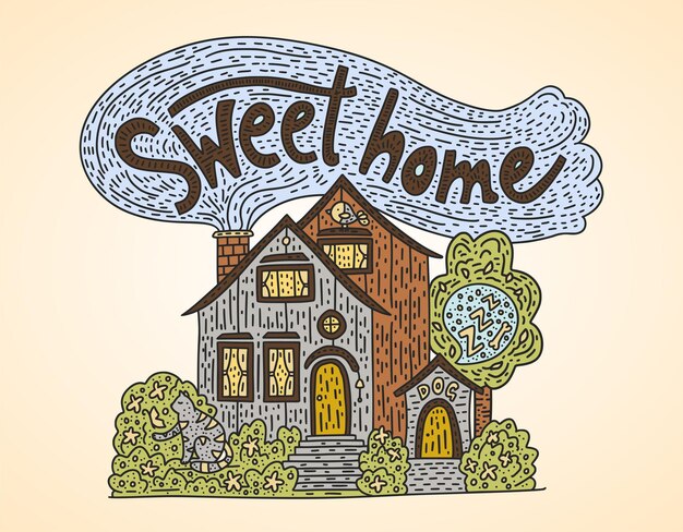 Country doodle detailed cottage with hand drawn lettering sweet home