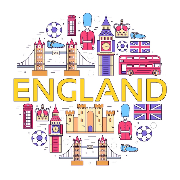 Vector country england travel vacation guide of goods, places in thin lines style design.