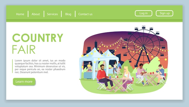 Country fair landing page vector template. Night summer funfair website interface with flat illustrations. Street market, festival attractions. Fast food stalls web banner, webpage cartoon concept