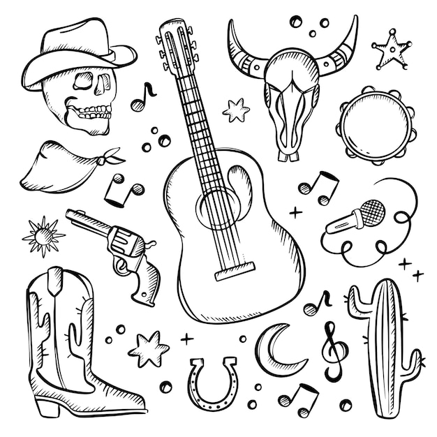 Vector country fest symbolism monochrome western music objects