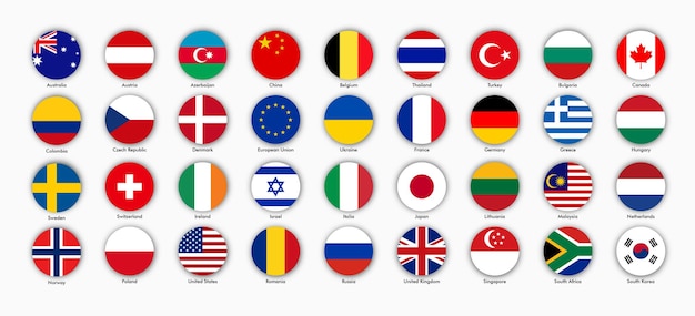 Country flag of 36 countries as circular elegant icon