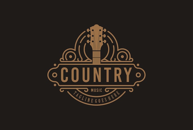 Country Gitaar Muziek Western Vintage Retro Saloon Bar Cowboy logo ontwerp