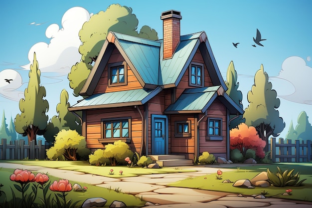 Vector country house farm in the countryside cottage among trees cartoon vector illustration