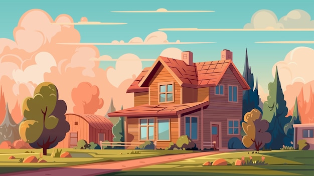 country house farm in the countryside cottage among trees cartoon vector illustration