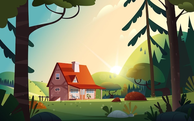 Country house in the forest Farm in the countryside Cottage among trees Vector illustration