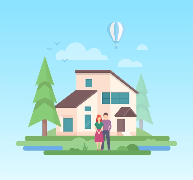 Country house - modern flat design style vector illustration on blue background. A composition with a couple standing in front of a small low-storey building, trees, balloon, clouds, sun