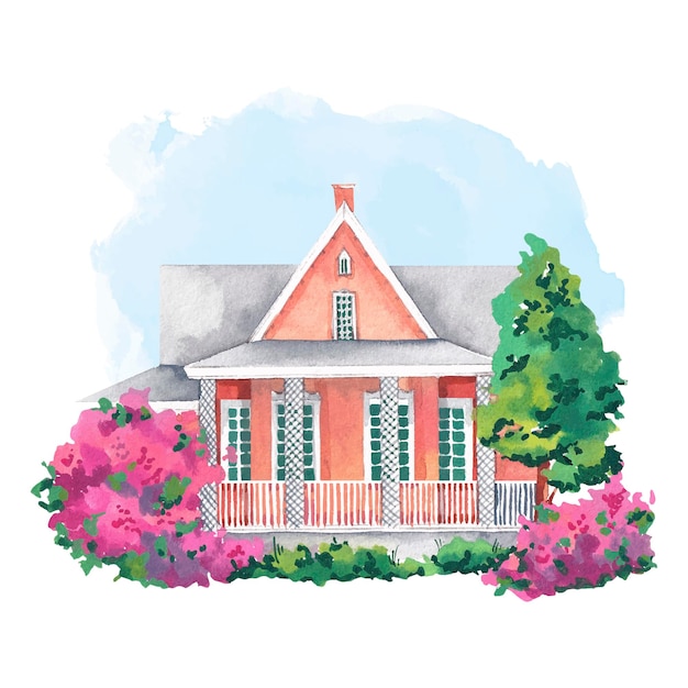 Country house with garden watercolor