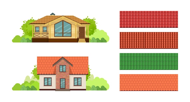 Vector country houses townhouse cottage building private country house brick guest house with roof tile covered with tiles types of residential roofing house for attic of house vector illustration