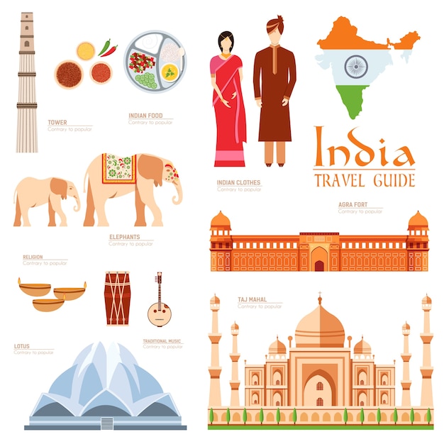 Vector country india travel vacation guide of goods