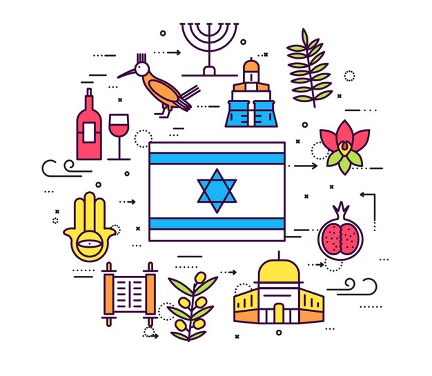 Vector country israel travel vacation guide of goods. set of architecture, fashion, people, item, nature.
