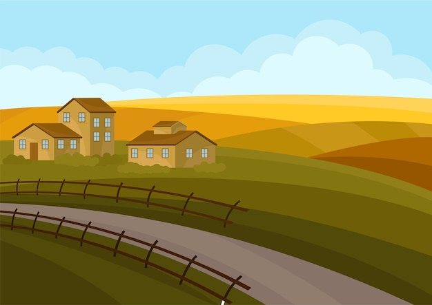Vector country landscape with houses road greenyellow fields natural scenery small village flat vector