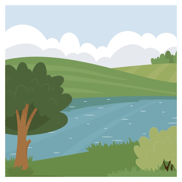 川の正方形のフレームベクトルと田舎の風景