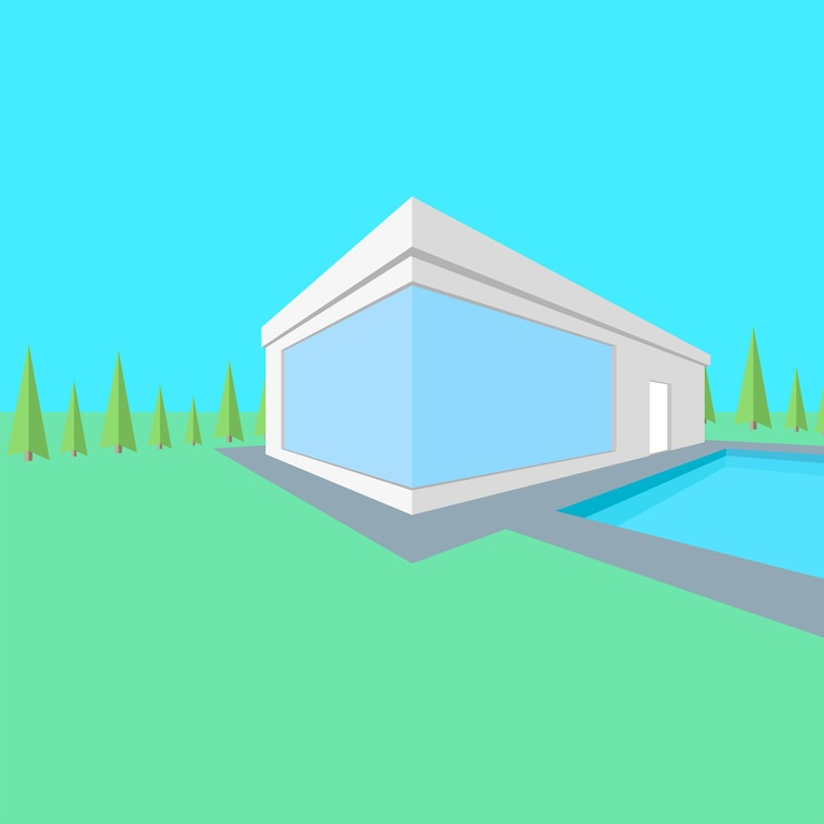 Vector country modern onestorey house 3d isometric shape with pool green lawn and trees vector halftone illustration in minimal style