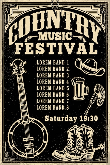 Vector country music festival poster template. cowboy hat, cowboy boots, banjo.  illustration