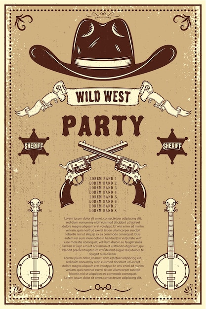 Modello di poster del festival di musica country. cappello da cowboy con revolver incrociati. tema del selvaggio west.