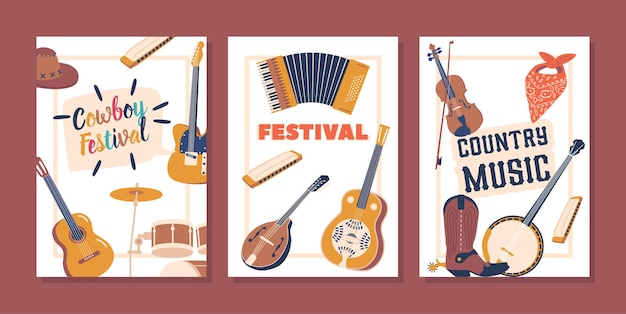 Striscioni a tema strumento musicale country espositori vibranti con chitarra violino banjo e fisarmonica perfetti per eventi di musica country festival o raduni cartoon vector illustration