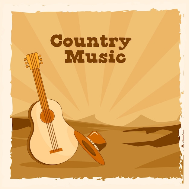 Country music poster design with guitar cowboy hat on retro style sand landscape and rays background