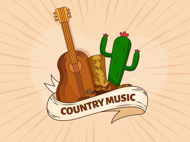 Vector country music text ribbon with guitar cowboy boots cactus plant on retro rays peach background