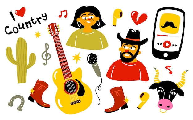 Vector country muziek doodles set