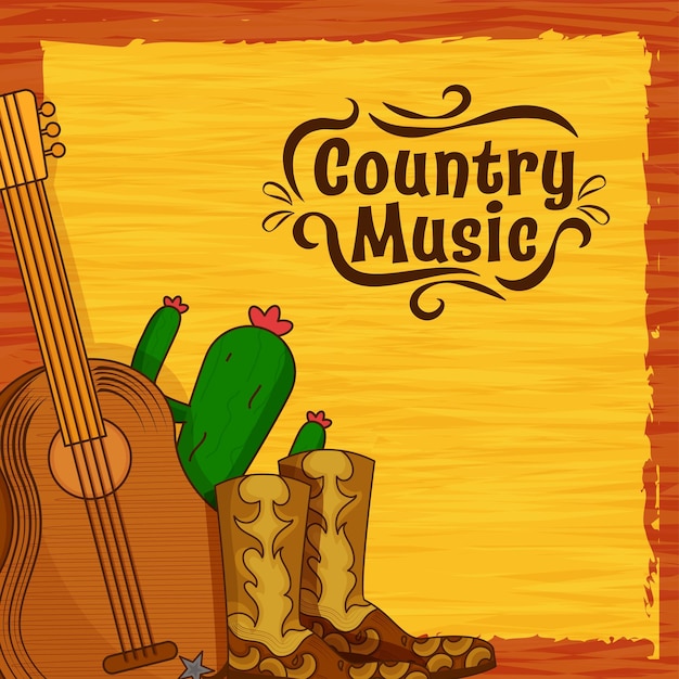 Country muziek posterontwerp met gitaar cowboylaarzen cactus plant op verbrande omber en gele borstel houten textuur achtergrond