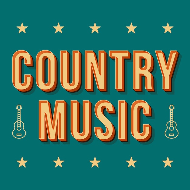 Country muziek vintage 3D-vector belettering. Retro vet lettertype, lettertype. Popart gestileerde tekst. Brieven in oude schoolstijl. 90s, 80s poster, banner, t-shirt typografieontwerp. Grenen kleur achtergrond