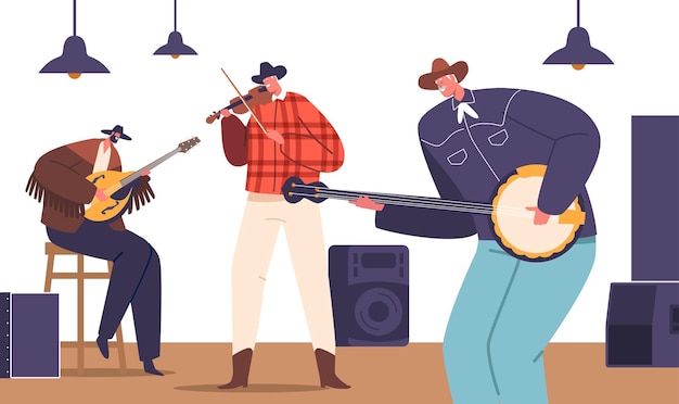 Country muzikanten op het podium stralen rauwe emoties uit door middel van twangy vocals en vaardig spelen cowboy hoeden en laarzen voegen toe aan de authentieke downtoearth sfeer boeiend publiek met prestaties