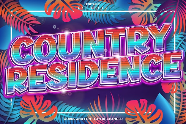 Country Residence Editable Text Effect 3D Emboss Neon Glow Style