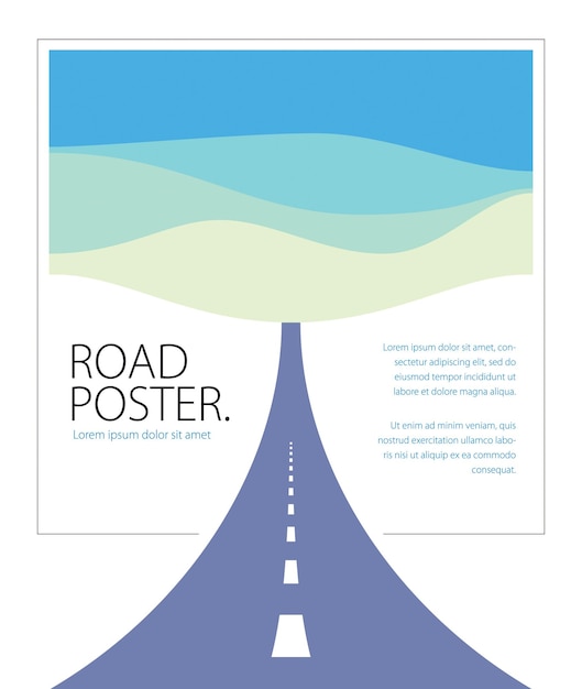 Illustrazione di progettazione perfetta di vettore dell'autostrada curva della strada di campagna. la via della natura, delle colline e dei campi, campeggio e viaggi a tema. può essere utilizzato come striscione stradale o cartellone pubblicitario con spazio per la copia del testo.