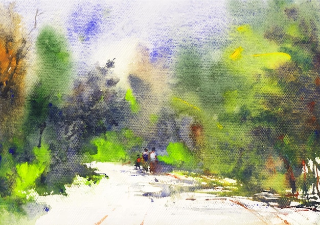 country road and walking traveler watercolor painting