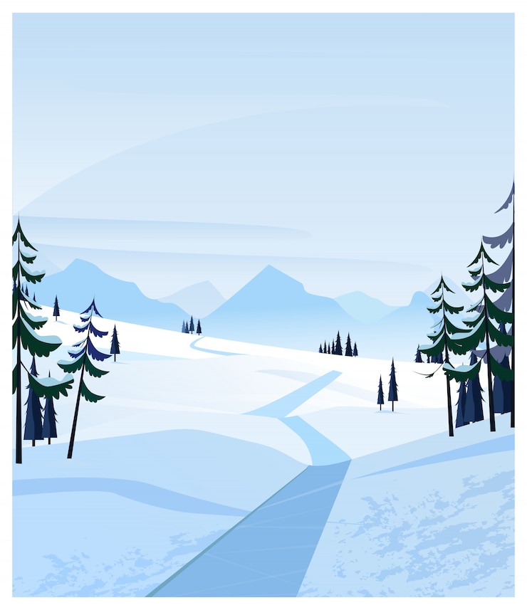 Vector country scene with snowy road and fir-trees