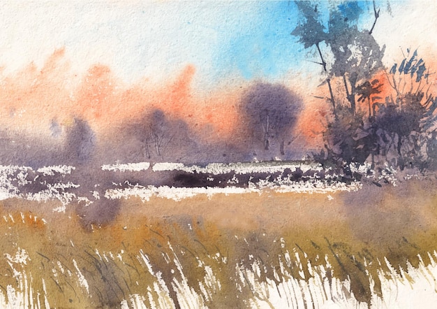 Country side watercolor landscape paint