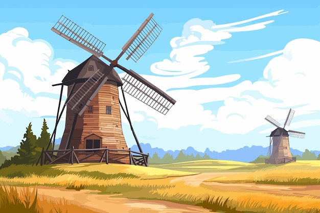 Vector country summer landscape with windmills wheat field flat landscap vector art illustration
