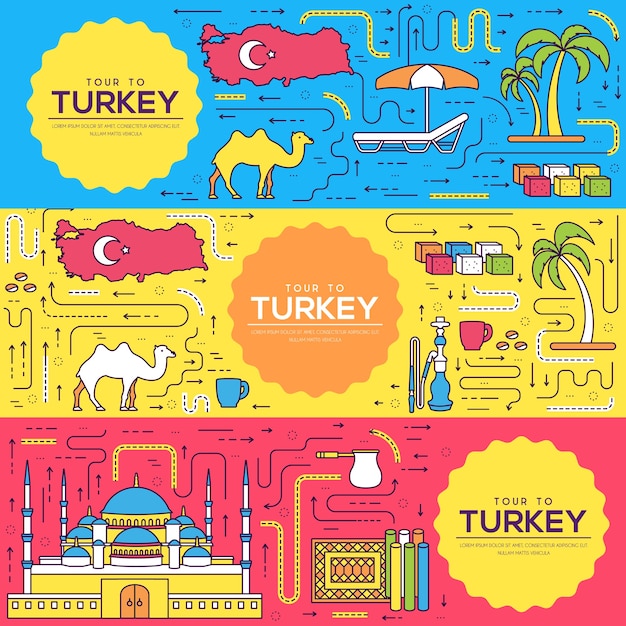 Country turkey cards thin line set illustration