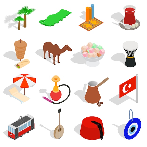 Vector country turkey icons set in isometric 3d style isolated on white background