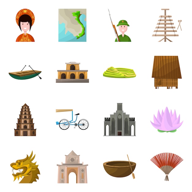 Vector country vietnam cartoon elements. set elements landmark of vietnam country culture.