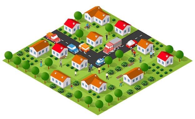 Vector country village district isometric illustration of a rural area